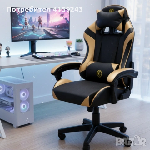 Геймърски стол с масажна функция, лумбална възглавница и поставка за крака – Черен-златист