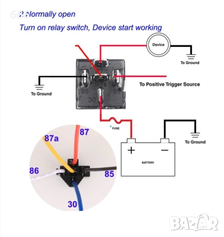 Комплект от 2 автомобилни релета 24V 40A, 5 пина, с букса и проводници, снимка 6 - Аксесоари и консумативи - 53564270