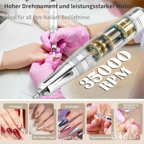 Професионална електрическа пила за нокти Enniewi 35000 RPM със зарядна станция, снимка 4 - Продукти за маникюр - 53265984