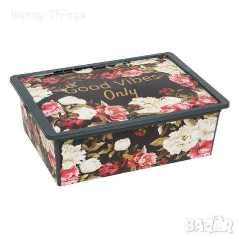 Пластмасова кутия за съхранение с капак – сив флорален десен, 25 литра