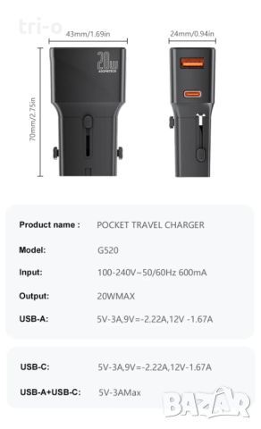 ASOMETECH Универсален адаптер бързо зарядно с 1 USB QC 3.0 порт и 1 PD 20W Type-C за EU/UK/USA/AUS, снимка 3 - Оригинални зарядни - 45828659