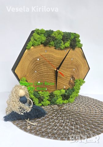 Часовник малък шестостен! Елегантна комбинация желязо и дърво и Скандинавски мъх, снимка 3 - Стенни часовници - 45821618