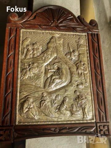 Голяма сребърна икона с дървена рамка дърворезба сертификат, снимка 2 - Антикварни и старинни предмети - 51301480