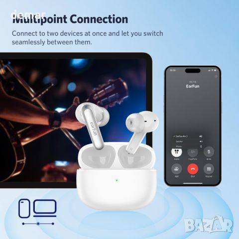EarFun Wireless Earbuds Air 2, Bluetooth 5.3 слушалки с Hi-Res звук, LDAC, 4 ENC, IPX7, 40 часа, бял, снимка 5 - Безжични слушалки - 45983077
