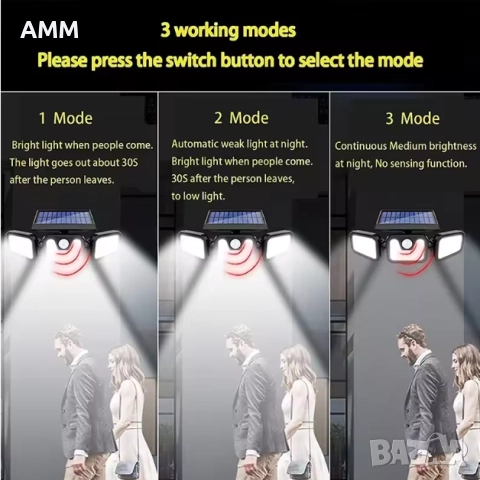 LED Соларен аплик със сензор  за движение IP65., снимка 4 - Лед осветление - 52265338