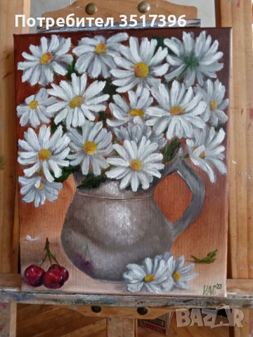 Маргарити и череши-маслена живопис