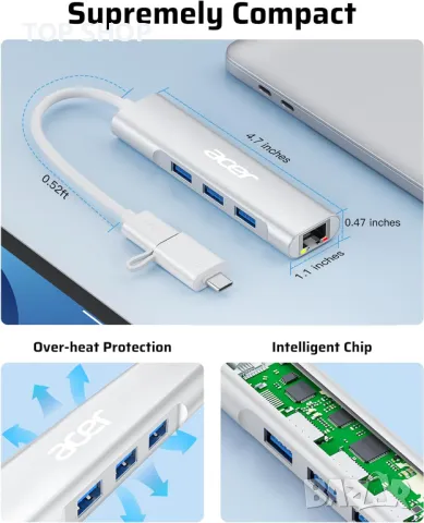 Acer USB А към Ethernet адаптер, 4-в-1 USB-А хъб с 3 USB-A 3.1 и 1Gbps RJ45 - НЯМА А към С адаптер, снимка 6 - Кабели и адаптери - 49451944