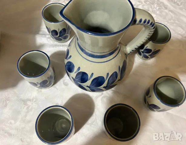 Art Pottery Blue Pitcher Set, Osterr Edel Keramic,  Арт керамика к-т Gollhammer ceramics GK Austria, снимка 3 - Антикварни и старинни предмети - 47221999