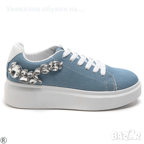 Дънкови дамски кецове с камъни- Rene Blue 11125, снимка 2 - Кецове - 53534799