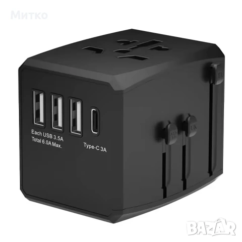 Адаптер за щепсел PD30W, 3 x USB, Type-C, EU, UK, AUS, US - Techsuit (HHT904) - черен