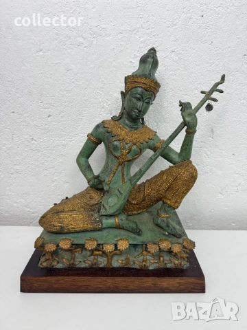 Tайландска бронзова статуетка на музикант с позлата. №7626, снимка 2 - Антикварни и старинни предмети - 52480170