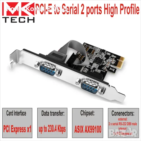 Контролер PCI-E to Serial 2 ports High Profile MKTECH - НОВИ, снимка 1