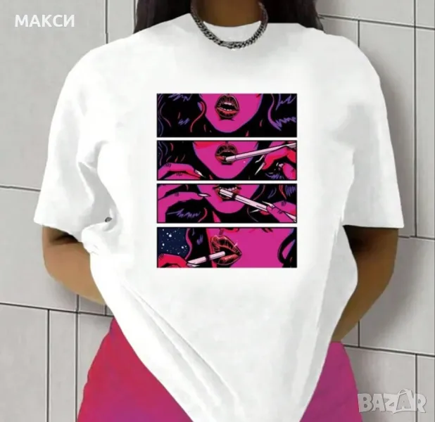 Еластична, мека и комфортна бяла тениска с модерна апликация - 60 % памук, 40 % полиестер, снимка 1