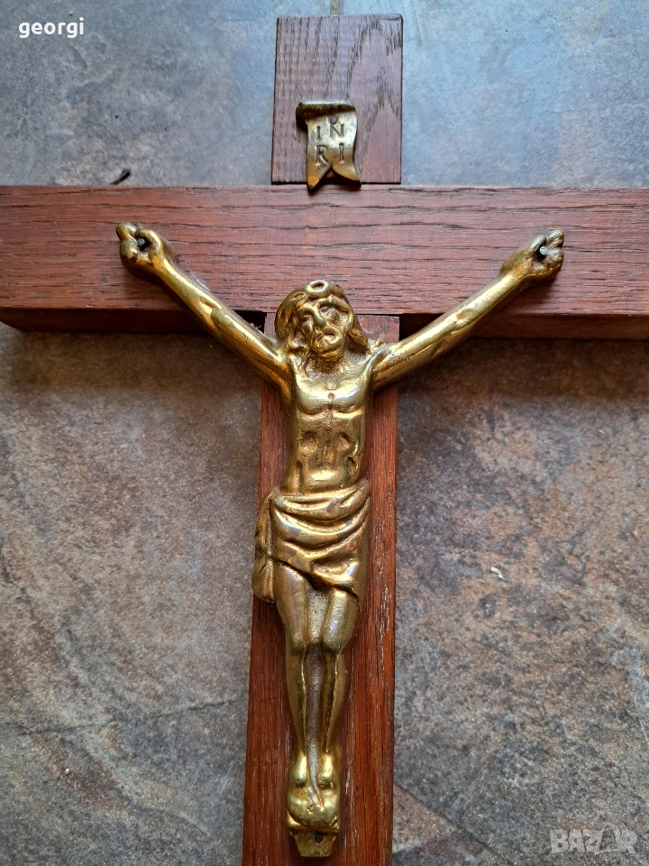 кръст разпятие Исус Христос дъб и бронз 32/3, снимка 1