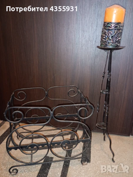 Старо ковано желязо свещник и кош за дърва стар свещник , снимка 1