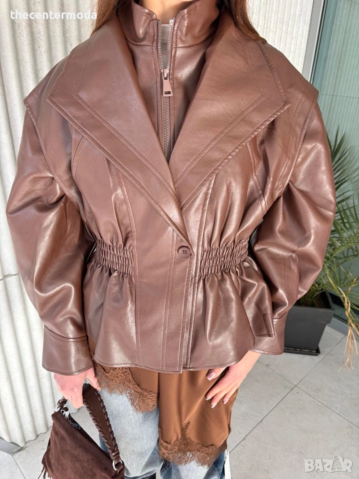 Дамско кожено яке в шоколадово кафяв цвят, снимка 1