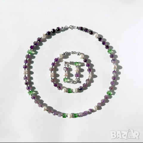 Комплект гривна гердан и обеци от естествени перли, аметисти, сваровски swarovski кристали и сребро, снимка 2 - Колиета, медальони, синджири - 50642160