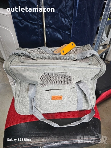 Транспортна чанта за животни, сгъваема, с включена дишаща клетка и купа, светло сива, 44x31x34см, снимка 4 - За кучета - 52856389