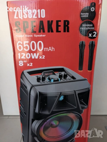 % Нова ZQS 8210 2х8 120W 6500mah 2 микрофона ПРЕНОСИМА КАРАОКЕ КОЛОНА От вносител 12 месеца гаранци, снимка 5 - Тонколони - 53165284