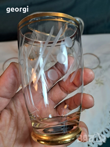 българска луксозна стъклена кана с пет чаши за вино 28/2, снимка 3 - Сервизи - 51838198