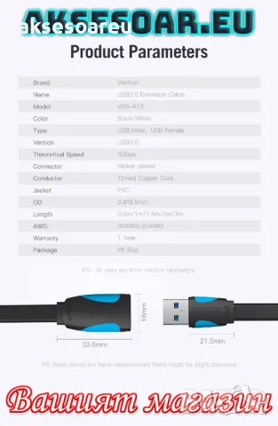 Удължителен нов висококачествен USB 3.0 кабел за компютър с дължина 1.5 м. USB мъжки към USB женски , снимка 5 - Други - 48143540