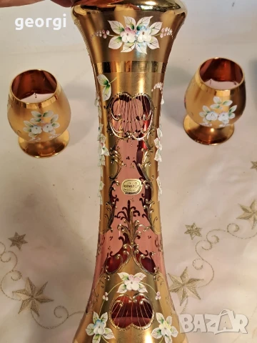 ваза с две чаши розово стъкло с позлата Bohemia , снимка 8 - Антикварни и старинни предмети - 50946044