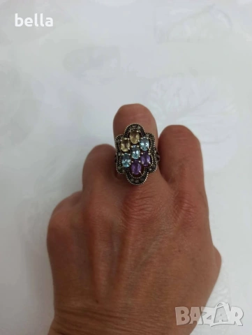 Уникат-Златен дамски пръстен-диаманти,цитрин аквамарин и аметист, снимка 6 - Антикварни и старинни предмети - 53522987