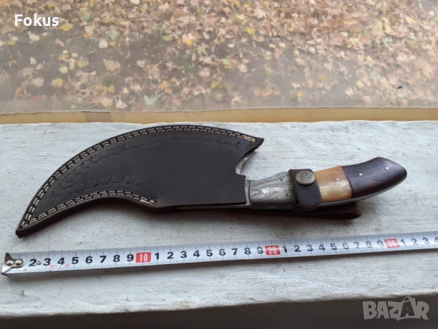 Страхотен нож брадва сатър дамаска стомана нов кожена кания, снимка 6 - Антикварни и старинни предмети - 51205412
