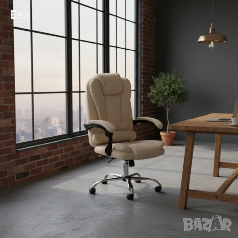 Ергономичен офис стол с лумбална опора от еко кожа в бежов цвят - комфорт за дълги часове без болки, снимка 2 - Столове - 53447781