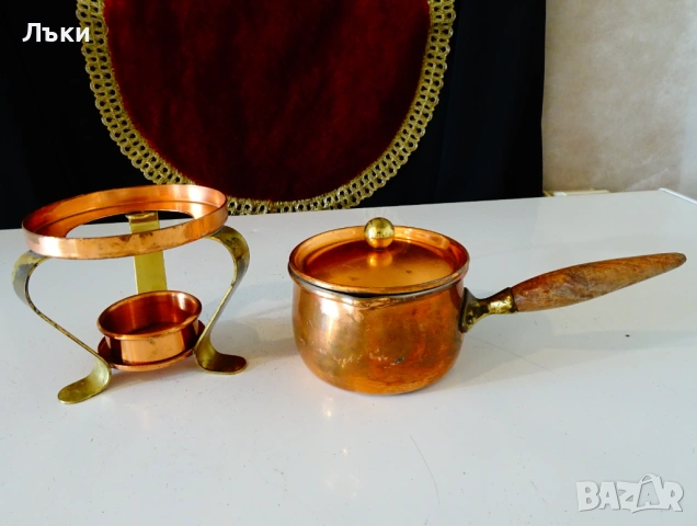 Медна тенджера с мангал,комплект за масло,мляко,фондю. , снимка 5 - Антикварни и старинни предмети - 53748431