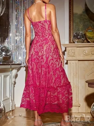 Елегантна дантелена рокля в тъмнорозово/циклама, снимка 2 - Рокли - 49965691