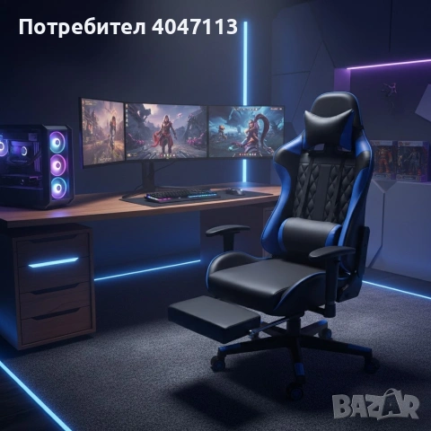 Геймърски стол за релакс с масаж и подложка за крака – син, снимка 3 - Столове - 53270237