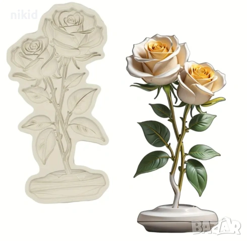 Вечна роза 2 стръка на стойка силиконов молд форма фондан декор украса