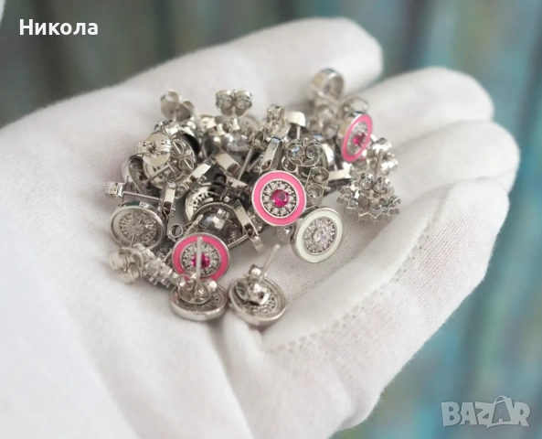 Сребърни обеци с емайл и цветни циркони -  Германия, 1990г, неносени., снимка 3 - Обеци - 52355517