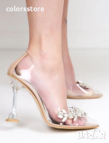 Обувки на ток - прозрачен силикон с бежов акцент - 7040, снимка 1 - Дамски обувки на ток - 46442999