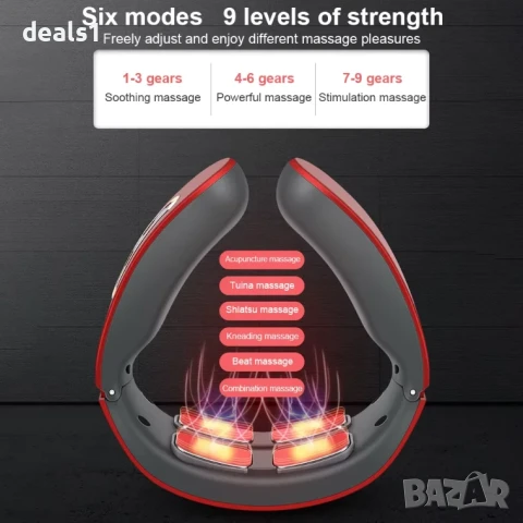 Jt-809 Електрически Пулсен Масажор за Врат с Функция за Затопляне Сив/Червен, снимка 6 - Масажори - 50535452