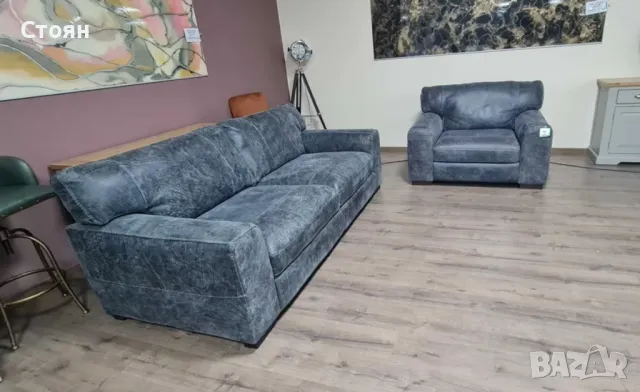 Сив кожен комплект тройка и фотьойл - телешки бокс, снимка 12 - Дивани и мека мебел - 50059154