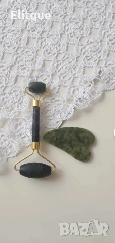 Нефритен масажор за лице с 2 ролки, в комплект с плосък нефритен камък  TV645