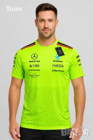 Mercedes AMG Petronas F1 тениска – оригинална, неон зелена, размер L (Slim Fit)