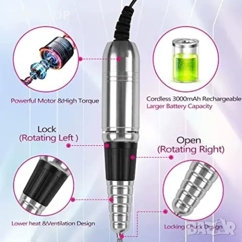 Нов Електрически комплект за пилене на нокти Премахване на гел / Маникюр, снимка 6 - Тримери - 49622110