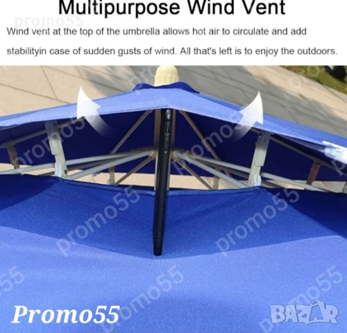 Плажен Чадър с УВ защита 220см. с Двоен Покрив, Стабилност при Вятър, снимка 5 - Градински мебели, декорация  - 51081291