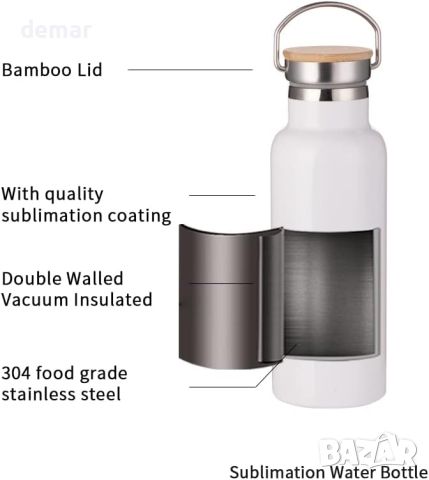 PYD Спортна бутилка вакуумна с бамбуков капак 17 OZ Неръждаема стомана - 4 броя, снимка 4 - Спортна екипировка - 45716976