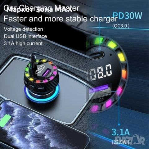 FM Трансмитер USB зарядно за кола с двоен порт,бързо зареждане,12-24V, снимка 4 - Аксесоари и консумативи - 52877576