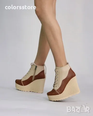 Боти на платформа - бежово с кафяво кожа - NO5