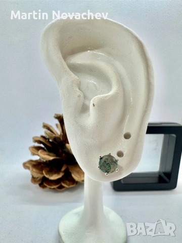 Сребърни обеци с естествен мъхов ахат 1.5 карата, снимка 8 - Обеци - 54090572