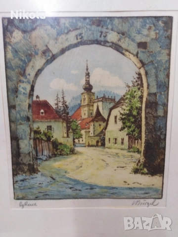 Оригинален цветен офорт на Лудвиг Бюргел, снимка 2 - Антикварни и старинни предмети - 51855629