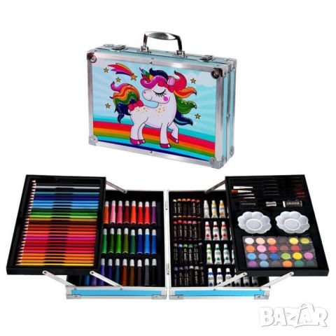 Метален куфар еднорог комплект за Рисуване и оцветяване 145 части, снимка 1