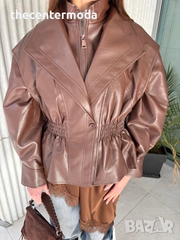 дамско кожено яке в шоколадово кафяв цвят