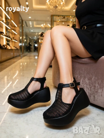 Сандали на платформа - черна кожа с мрежа , снимка 2 - Сандали - 54120229