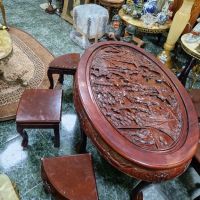 Уникална антикварна китайска маса масив дърворезба с  6 табуретки , снимка 2 - Антикварни и старинни предмети - 45189519